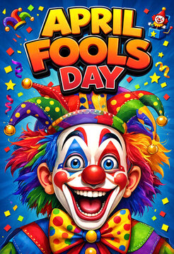Colorful april fools day poster with a happy clown and festive decorations smiling cheerfully