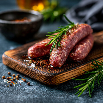 Raw sausages on a rustic wooden board with herbs and peppercorns rosemary peppercorns