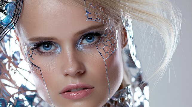 Gesicht mit geometrischen Silberformen im futuristischen Beauty-Look