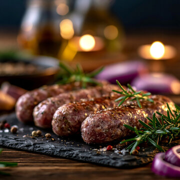 Raw seasoned sausages with fresh rosemary on a dark slate board rosemary seasoning