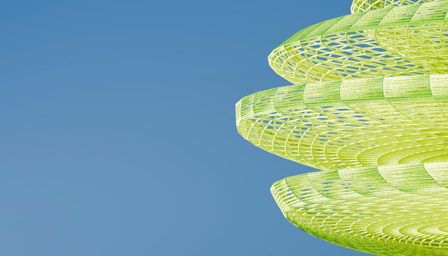 Green 3d architectural rendering of spiral structure with blue sky