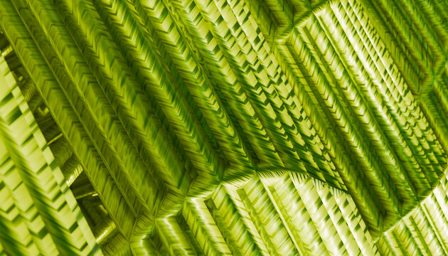 Abstract green geometric 3d rendering with layered digital patterns