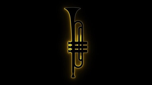 Bright glowing yellow neon trumpet outline graphic animation. Vibrant golden brass instrument icon shining on dark background for jazz band, orchestra, concert, sound, and visual audio projects.

