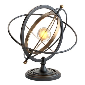 Vintage metal armillary sphere table lamp with glowing edison bulb isolated on white background armillary astrolabe navigation