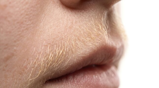 Macro close up of blonde female upper lip hair hirsutism facial fuzz