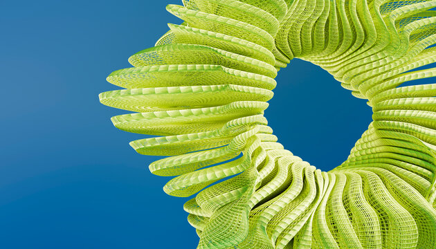 Green abstract 3d digital sculpture with twisted spiral patterns