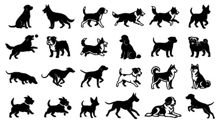 Obraz premium Black dog silhouettes set with geometric grid featuring canine shapes, monochrome outlines, and symmetrical arrangement with clean vector style and isolated backgrounds