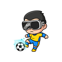 Obraz premium Cute cartoon boy playing soccer with AR glasses.