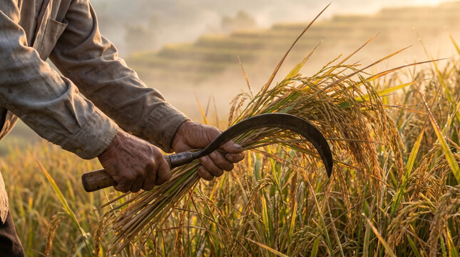 Farmer hands using a sickle to harvest rice in a golden field