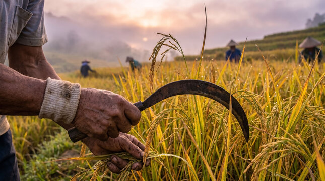 Farmer harvesting golden rice with a sickle at sunrise