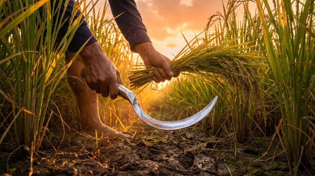 Farmer harvesting ripe rice with a sickle at sunset