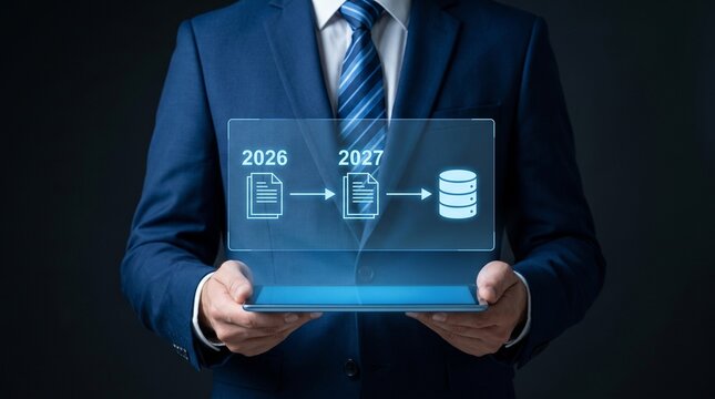 Businessman holding tablet displaying digital data migration process planning future corporate strategy