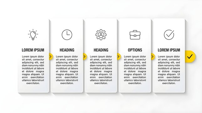 Five step infographic design with icons and text boxes for business presentation and project management workflow process