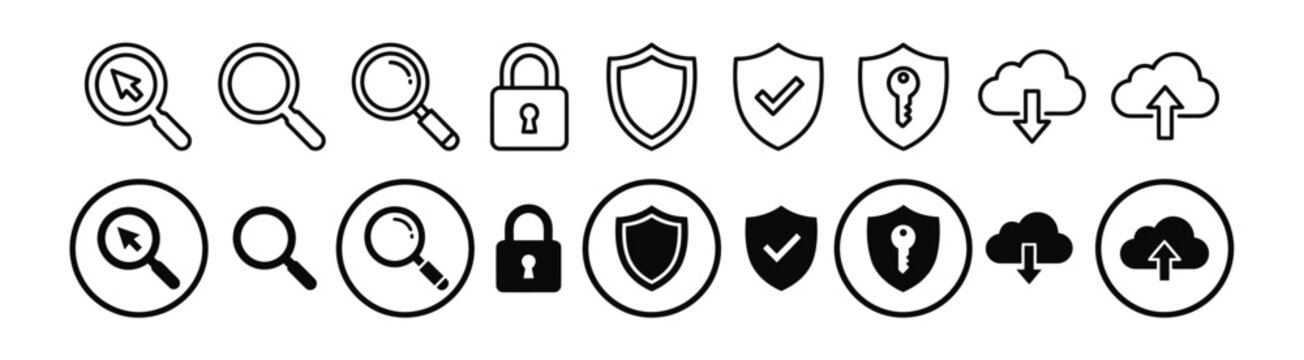 UI Security and Web Search Vector Icon Set with Search Lock Padlock Shield Guard Cloud Upload and Download Symbols