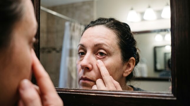 Woman looking in bathroom mirror examining inflamed red lower eyelid