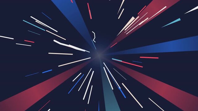 Dynamic hyperspace jump animation with red and blue light trails moving toward central vanishing point.