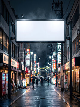 Blank Billboard Mockup Hanging Across Narrow Night Market Alley Street