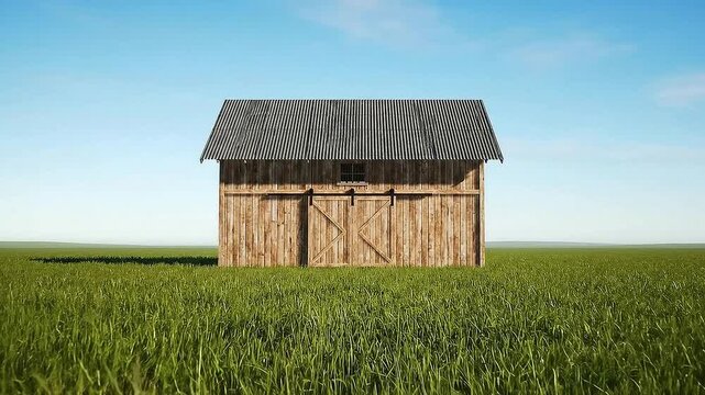 Surreal Wooden Barn with Unique Roof Design in a Vast Green Field Under a Bright Blue Sky - Artistic Rural Landscape Scene