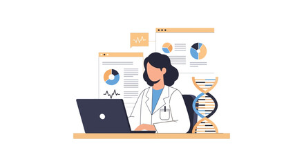 Fototapeta premium Medical Scientist or Researcher Working on Laptop with DNA Helix and Health Data Charts, Biotechnology and Bioinformatics Vector Illustration