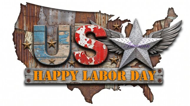 Rustic happy labor day greeting with displays distressed metal map country patriotic text winged star national