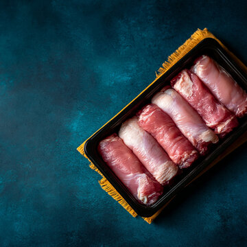 Raw marinated pork meat rolls ready for cooking in a black plastic food tray container