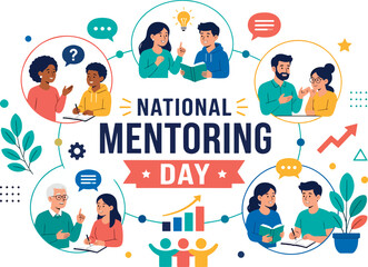 Fototapeta premium National Mentoring Day Vector Illustration Featuring Diverse Mentors Mentees And Leadership Symbols In Flat Design Style