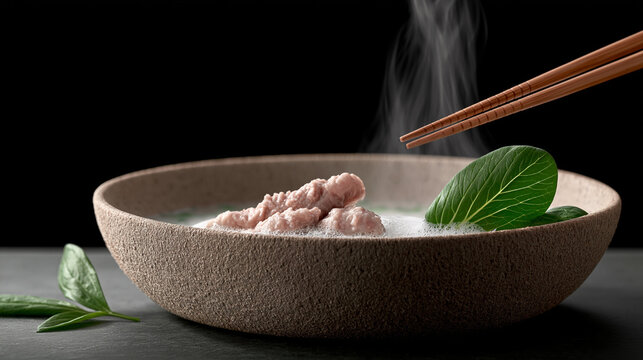 Steaming hot healthy soup served in a rustic ceramic bowl with fresh green leaf garnish