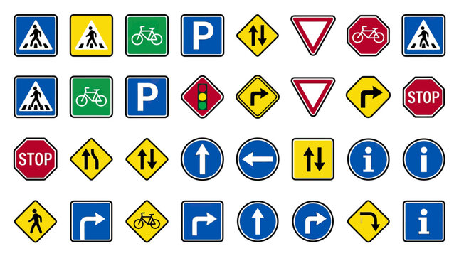 Creative Collection of 40 International Road Signs Featuring Pedestrians Bicycles Parking Directions and Traffic Rules in Various Colors