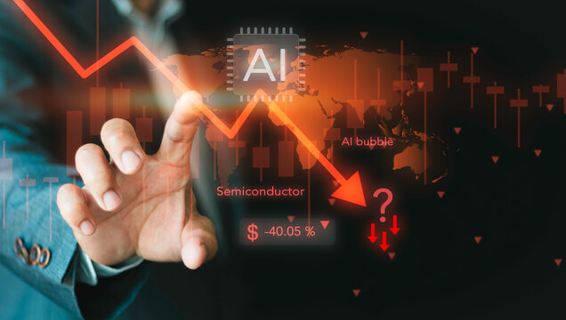 Businessman pointing at AI bubble burst graph with falling red arrow and semiconductor chip. Concept of tech stock crash, market loss, financial risk, and investment recession.