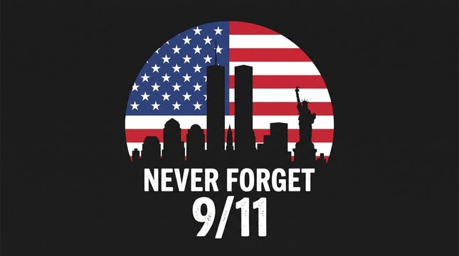 Patriotic remembrance graphic featuring national skyline silhouette against american flag circle background