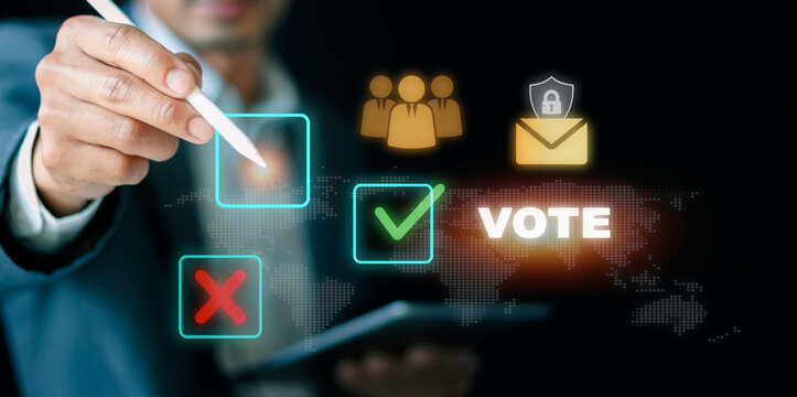 Businessman using stylus for electronic voting and secure digital ballot concept. Virtual check box option, encrypted email vote, corporate governance, and election polling.