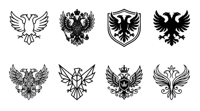 Heraldic Double Headed Eagle Heraldry Emblem Set Featuring Imperial Crests Shield Coat of Arms Geometric Low Poly and Filigree Winged Kingdom Designs