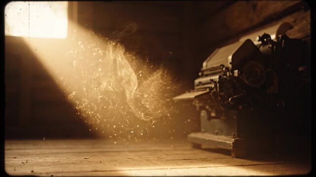 Dust Particles Swirling in a Golden Ray of Sunlight Illuminating an Antique Machine in a Vintage Attic Room