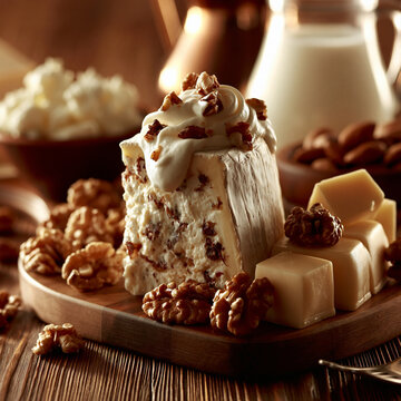 Decadent cream cake dessert topped with walnuts and caramel squares on wooden board