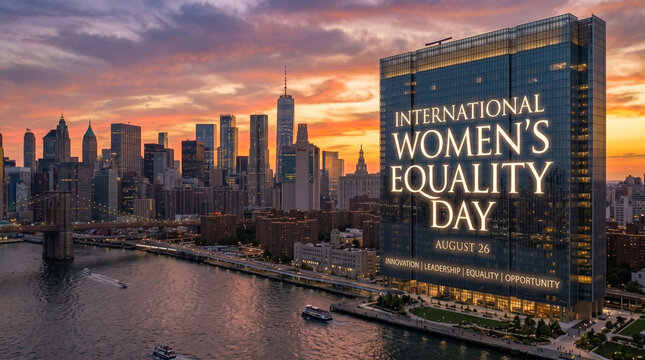 Premium photographic background featuring the title "International Women's Equality Day" artistically projected onto a modern urban skyline at golden hour