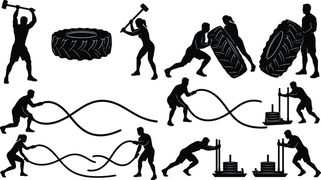 Silhouette collection set of crossfit and functional training exercises including sledgehammer battle ropes and tire flips