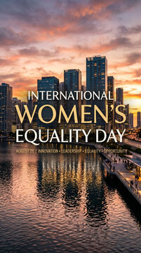 Premium photographic background featuring the title "International Women's Equality Day" artistically projected onto a modern urban skyline at golden hour