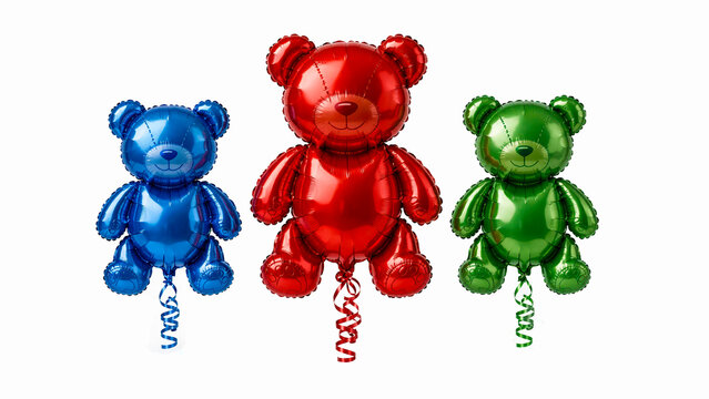Three Colorful Teddy Bear Foil Balloons on white background,