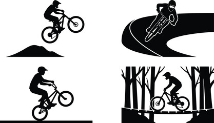 Fototapeta premium Silhouette illustration set of mountain bike and bmx riders performing jumps turns and trail riding