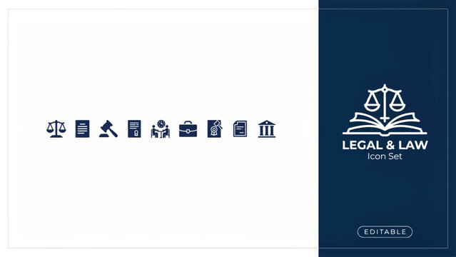 Legal and law professional icon set for judicial services and attorney practice