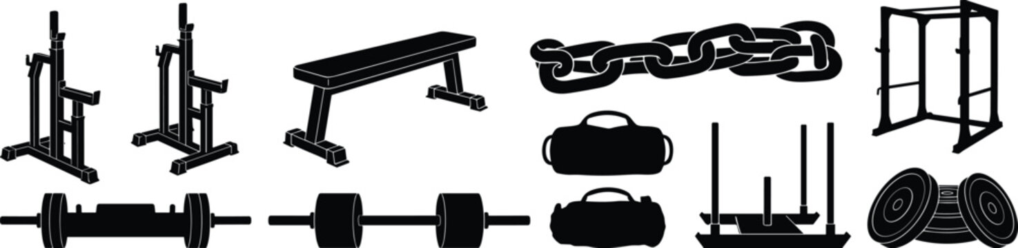 Silhouette collection set of strength training and powerlifting gym equipment icons