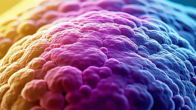 Microscopic View of Colorful Biological Cell Surface with Detailed Texture and Vibrant Lighting.