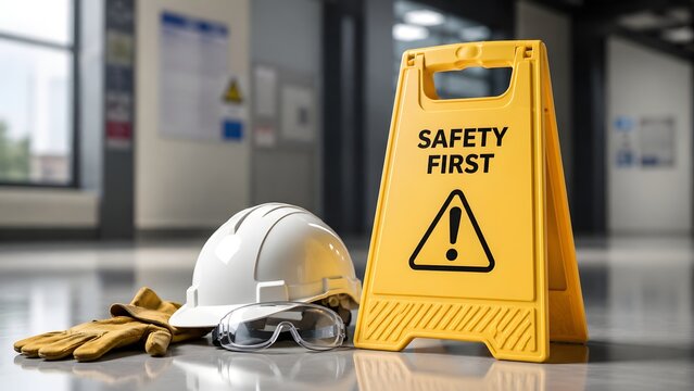 Occupational hazard prevention and workplace safety equipment featuring hard hat goggles gloves and warning sign for industrial compliance