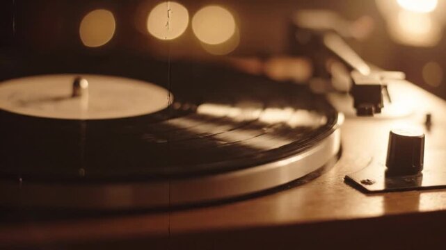 Record Player with a Spinning Vinyl Disk Playing Music in Warm Ambient Lighting Evoking a Nostalgic and Classic Audio Experience