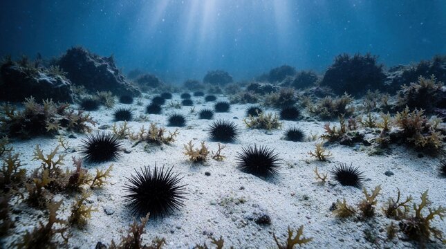 Group of black sea urchins rests on sandy ocean floor with green algae plants. Underwater view shows marine life in blue water environment. Sunlight shines from surface through clear liquid creates