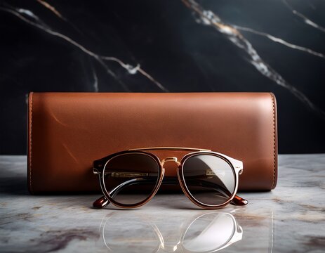 brown leather sunglasses and case on marble table with dark background