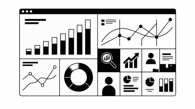 A computer screen displays various business analytics charts and graphs