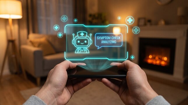 Person using smartphone for digital healthcare symptom analysis via virtual assistant interface at home