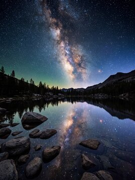 Majestic view of the Milky Way galaxy and starry night sky reflected in a calm mountain lake with rocky foreground