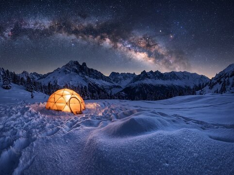 Glowing dome tent under a starry night sky with the Milky Way arching over snowy mountain peaks during winter camping